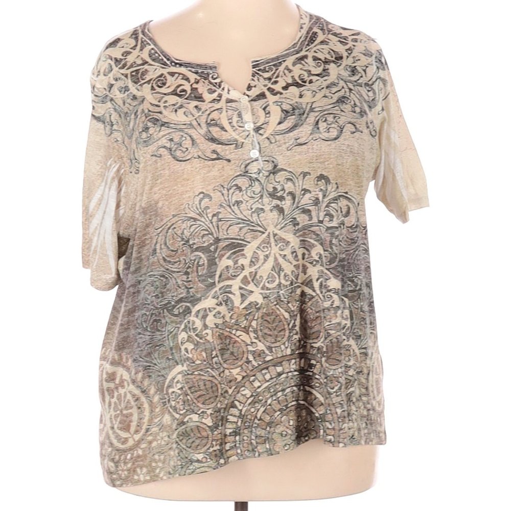Avenue Plus Size Boho Print Henley Top Beige